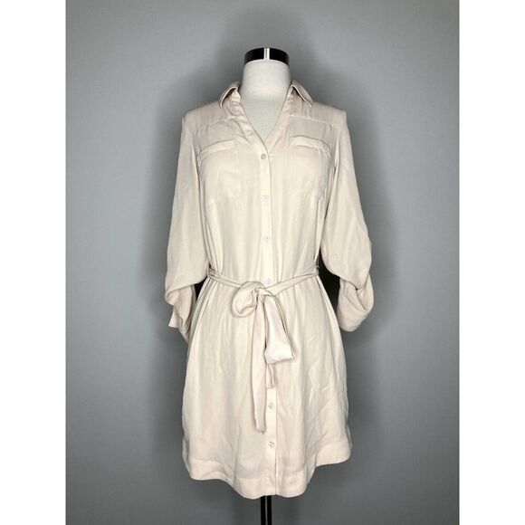 EXPRESS Portofino Shirt Dress Women XS Cream Button Front Collared Tie Waist - Picture 1 of 6